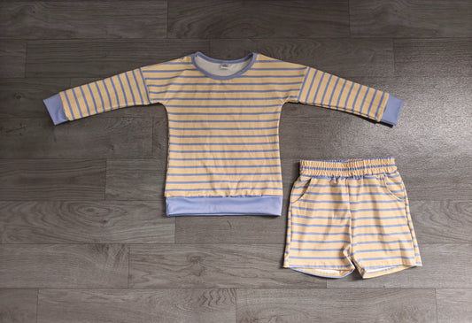( No moq ) Preorder Baby Girls Kids Long Sleeves Yellow Blue Stripes Shirt Shorts Set Yoga Active Clothes