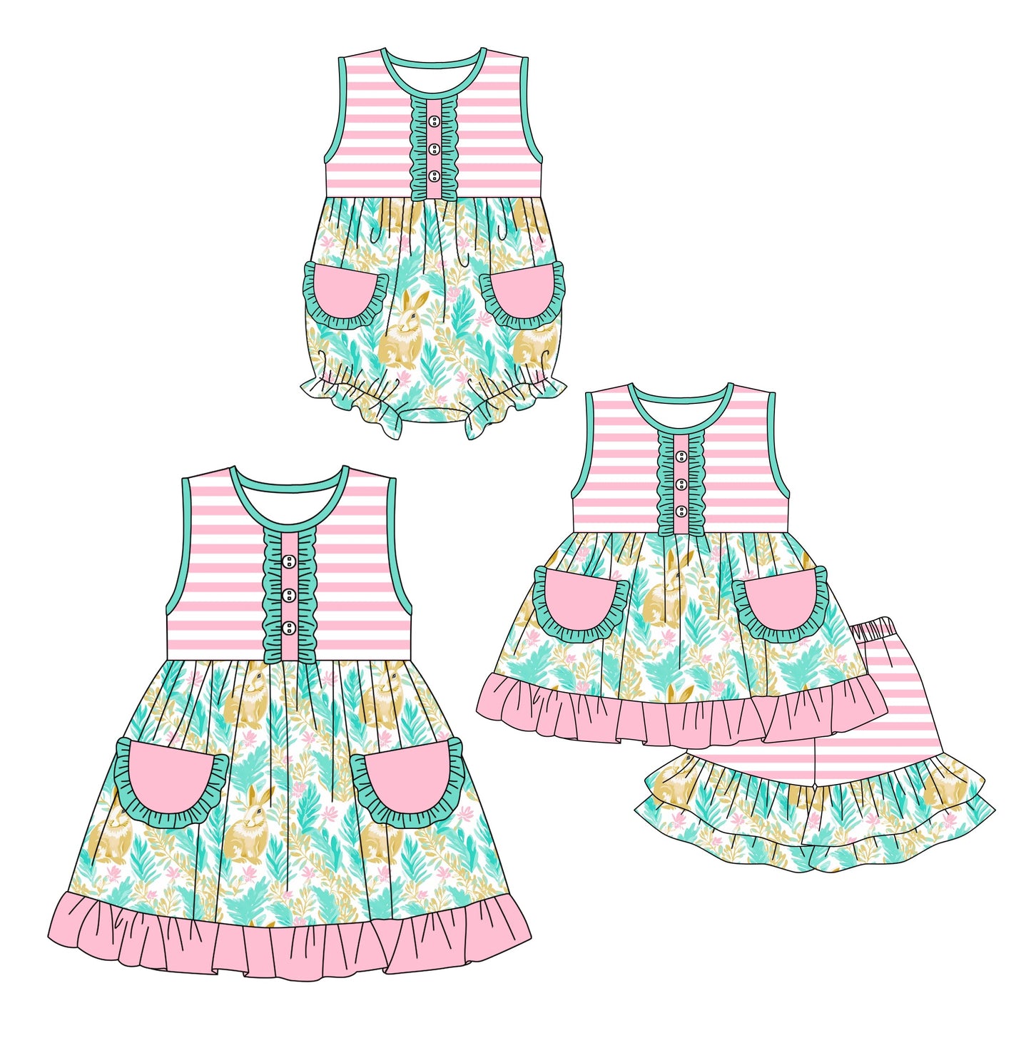 Baby Girl Easter Rabbits Pockets Stripes Sibling Romper Dress Set ( Moq 5 Each Design ) 12.14