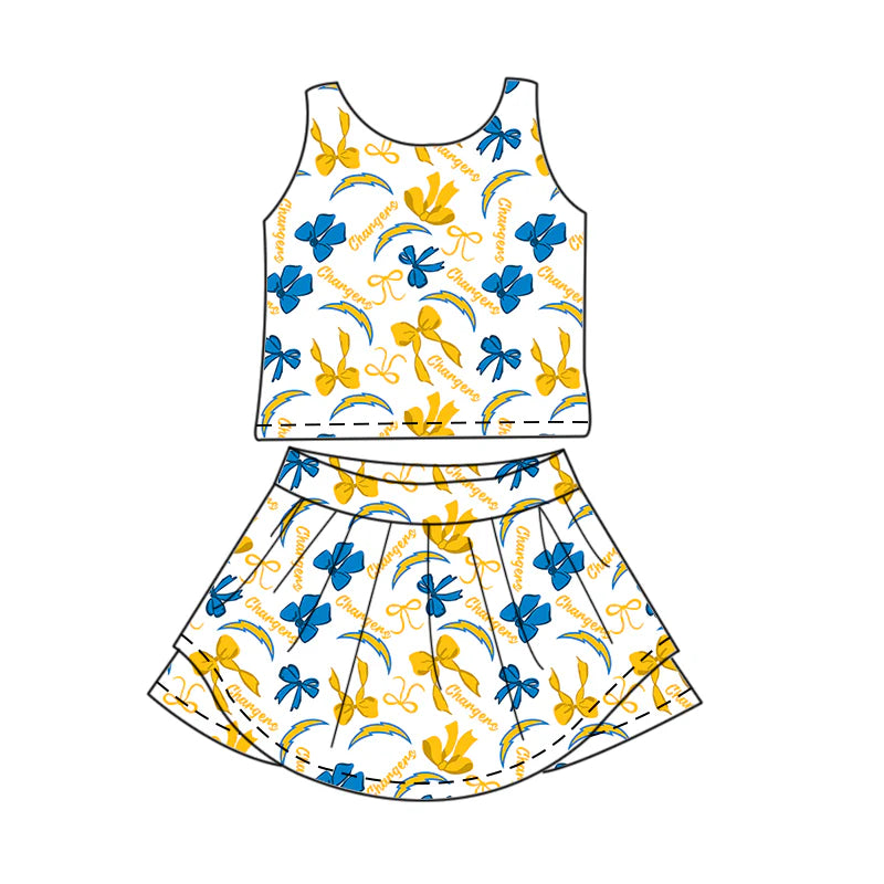 ( Moq 5 each style ) Baby Girl Toddler Team Yellow Blue Bows Sibling Skort Dress Set 6.4