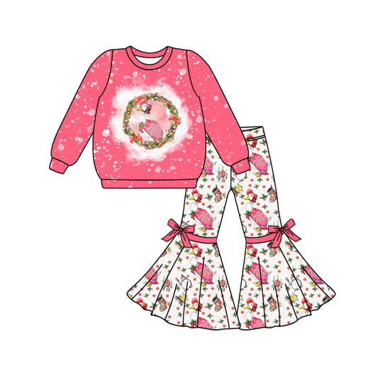 Baby Girl Pink Long Sleeves Shirt Ducks Bell Pants Christmas Set