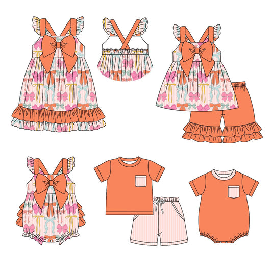 Baby Boy Girl  Short Sleeves Bows Stripes Sibling Romper Dress Set ( Moq 5 Each Style ) 4.3