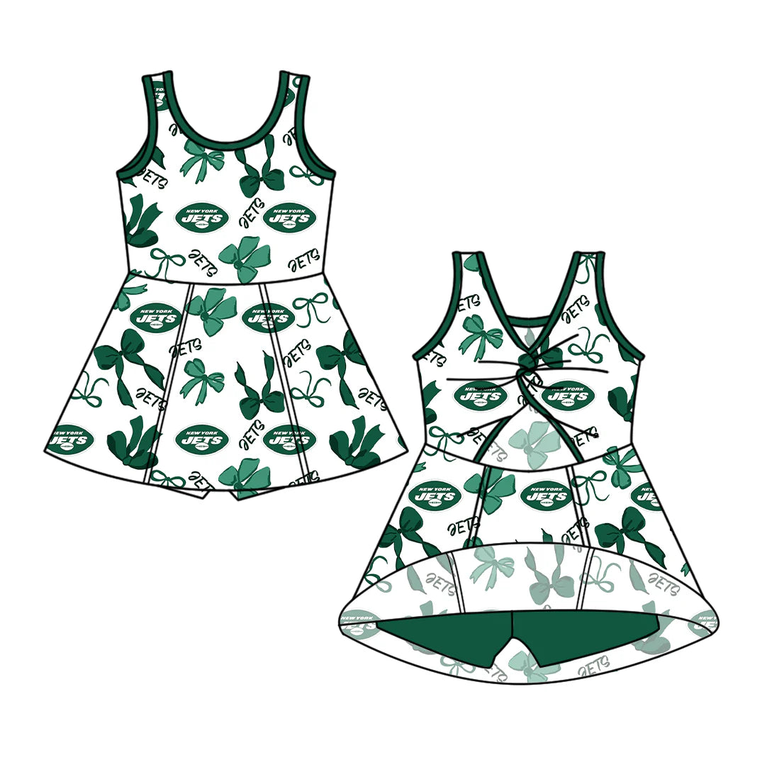 ( Moq 5 each style ) Baby Girl Toddler Football Team Green Bows Sibling Skort Dress Set 6.6