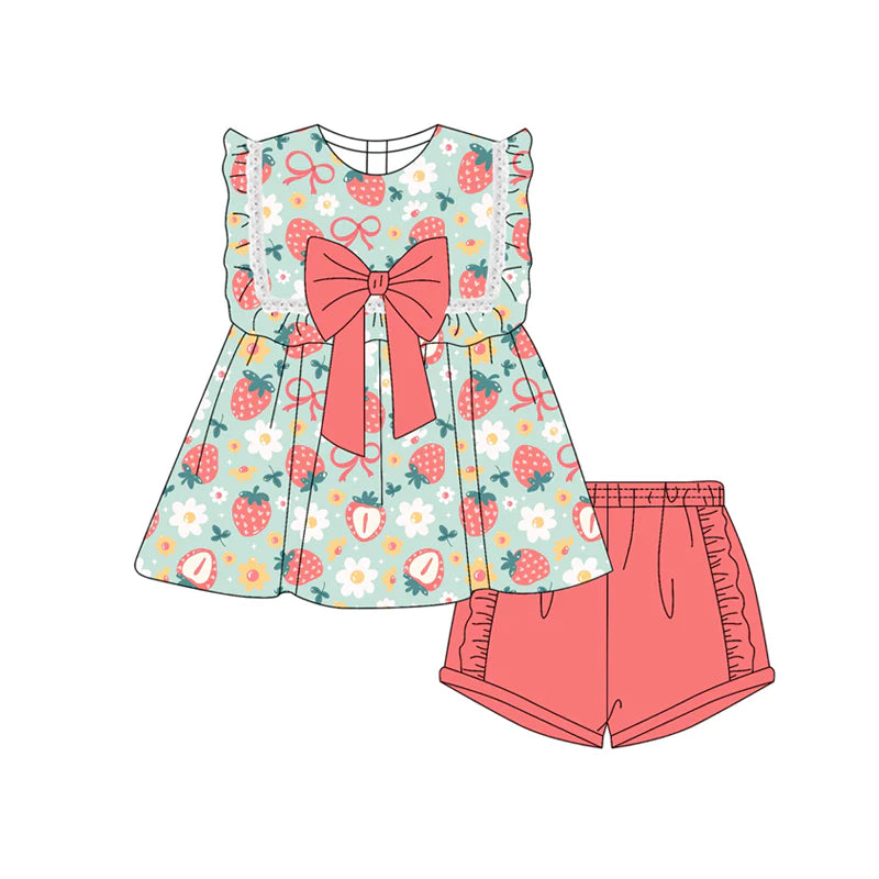 Baby Girl  Sleeveless Bows Strawberry Tunic Ruffle Shorts Set ( Moq 5 )