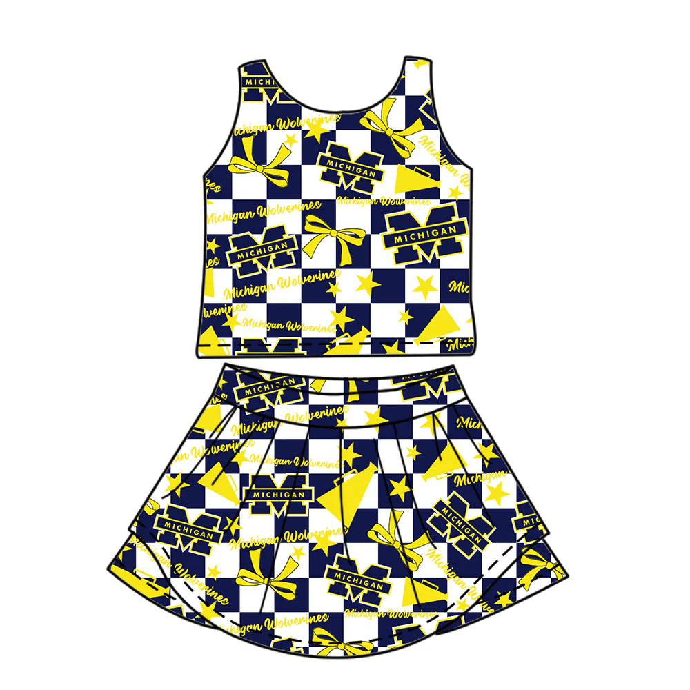 ( Moq 5 each style ) Baby Girl Toddler Team M Yellow Bows Cheer Sibling Checked Dress Set 6.30