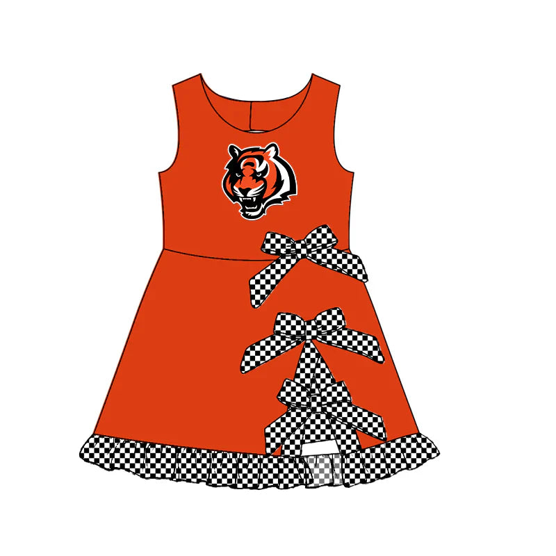 ( Moq 5 ) Sibling Baby Girls Kids Sleeveless Cheer Tiger Checked Bows Shorts Team Dress Clothes