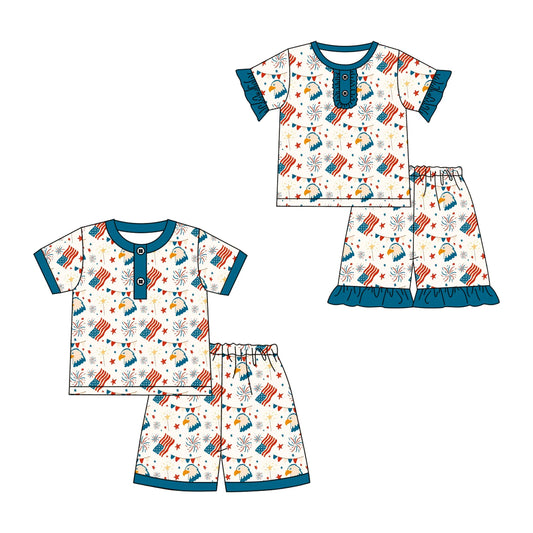 ( Moq 5 Each Style ) Baby Boys Girls Short Sleeves Flags Sibling 4th of July Sets