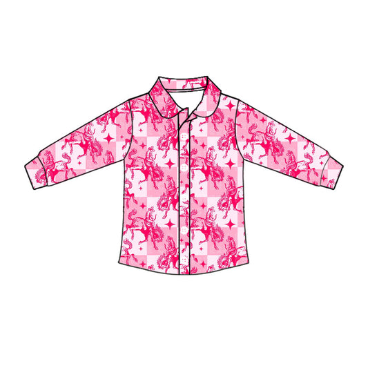 ( Moq 5 ) Baby Boy Pink Checked Long Sleeves Horse Rodeo Button Shirt Tops