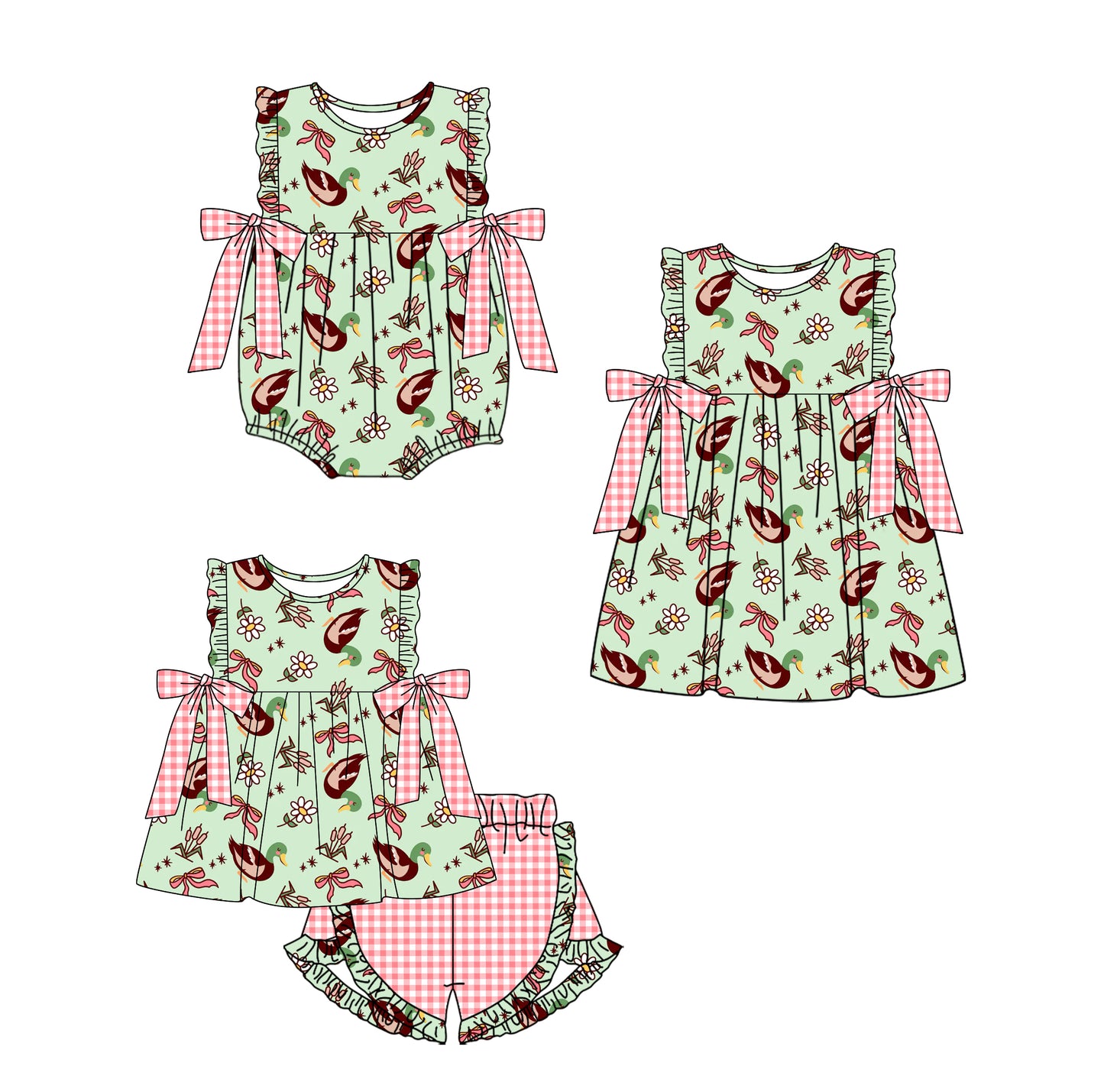 Baby Girl Duck Floral Bows Sibling Matching Romper Dress Clothes Set ( Moq 5 Each Design )