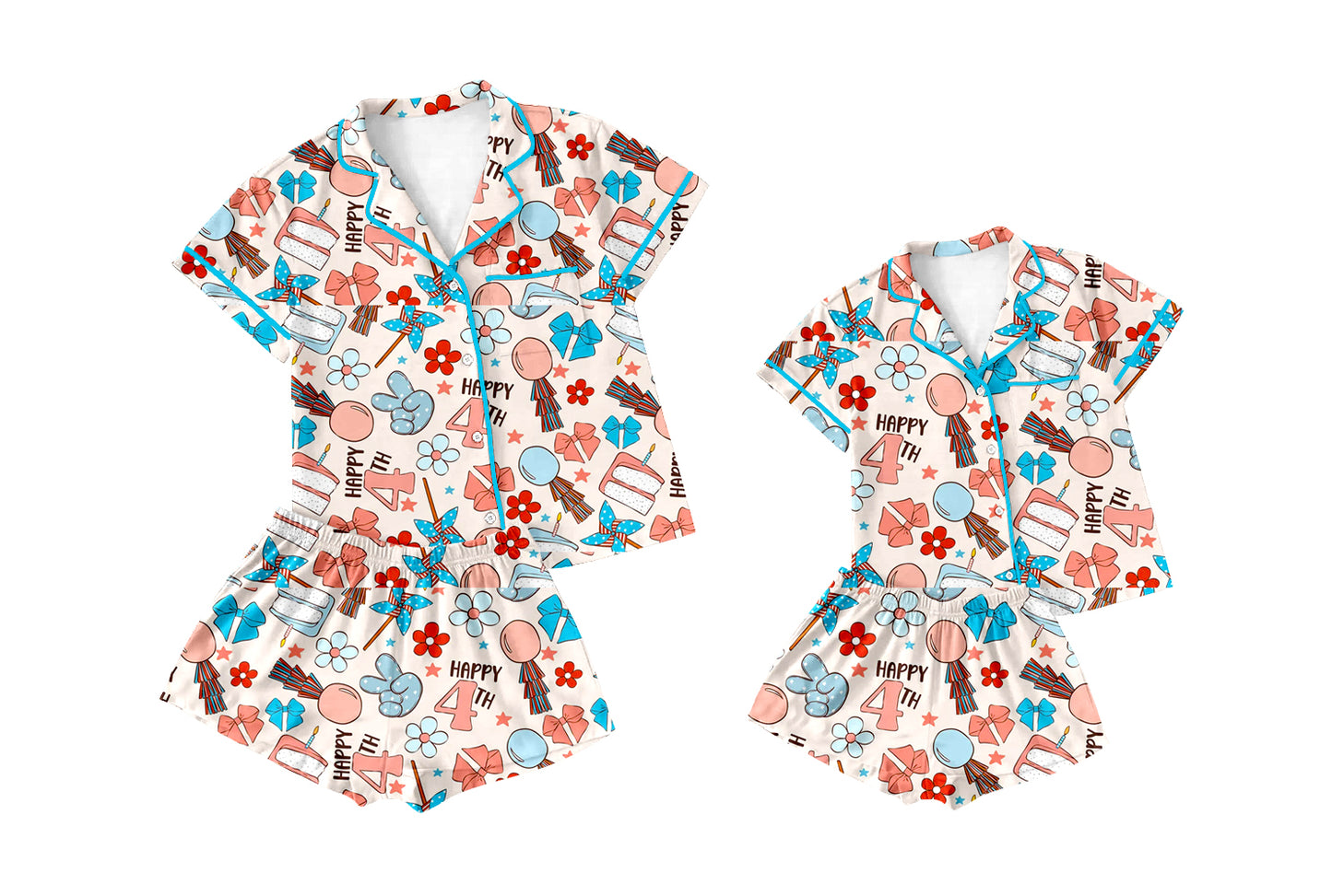 ( Moq 5 Each Style ) Baby Girl Adult Women 4th of July Bows Shirts Shorts Sibling Mommy And Me Family Pajamas Sets