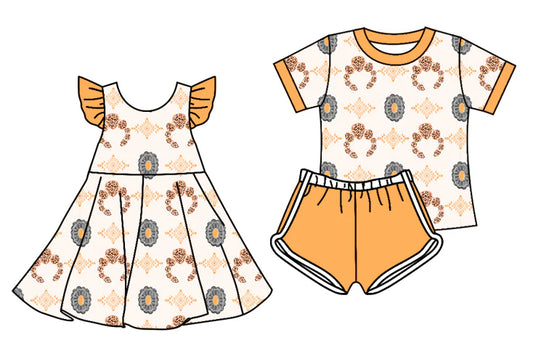 ( Moq 5 Each Style ) Baby Girls Kids Short Sleeves Aztec Western Sibling Dress Set