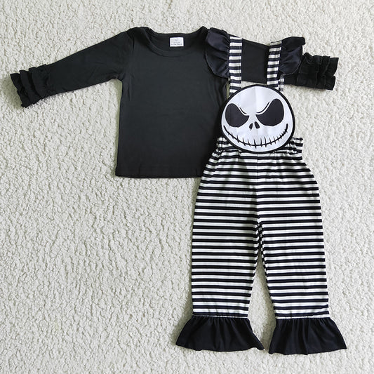 GLP0311 Halloween Baby Girl Black Long Sleeves Shirt Stripes Overalls Outfit