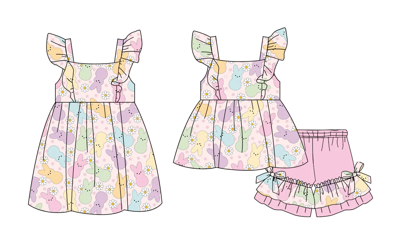 ( Moq 5 Each Style ) Baby Girls Kids Short Sleeves Rabbits Flower Sibling Easter Dress Set