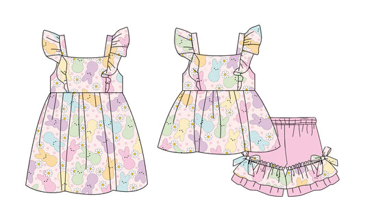 ( Moq 5 Each Style ) Baby Girls Kids Short Sleeves Rabbits Flower Sibling Easter Dress Set
