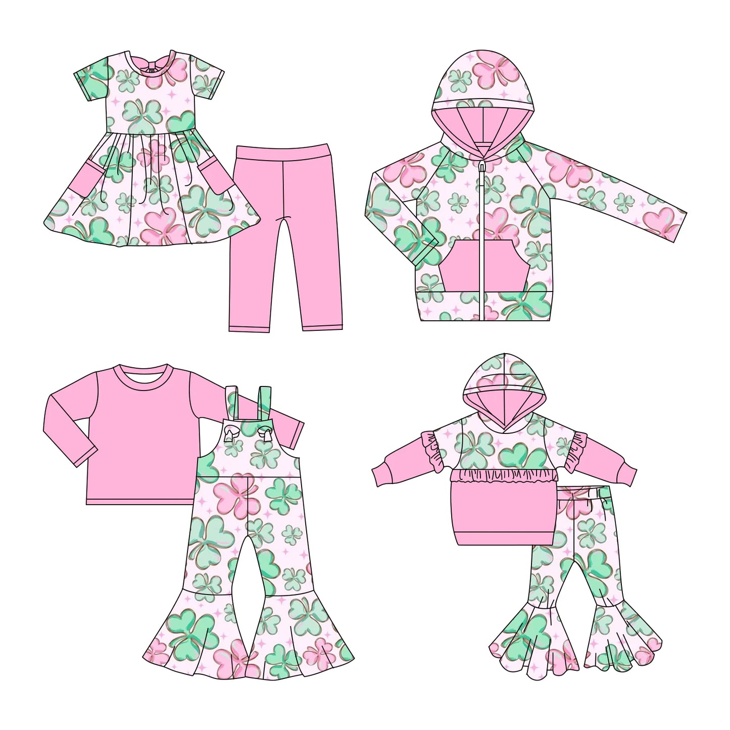 ( Moq 5 Each Style ) Baby Girls Clovers St. Patrick's Day Sibling Pink Hoodie Shirt Sets