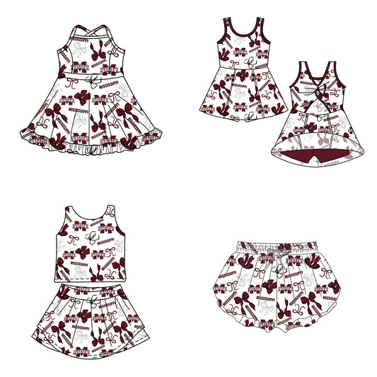 ( Moq 5 Each Style ) Baby Girls Kids Dark Red Bows Sibling Team Shorts Dresses Set