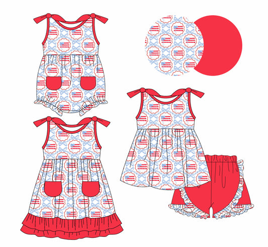Baby Girl July 4th Flags Bows Sibling Dress Romper Set ( Moq 5 Each Style ) 1.6