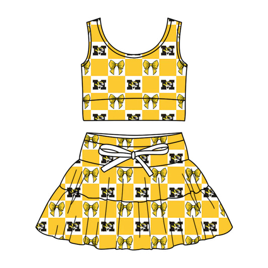 ( Moq 5 Each Style ) Baby Girls Kids Toddler Tigers Bows Yellow Plaid Tops Shorts Skirt Team Set