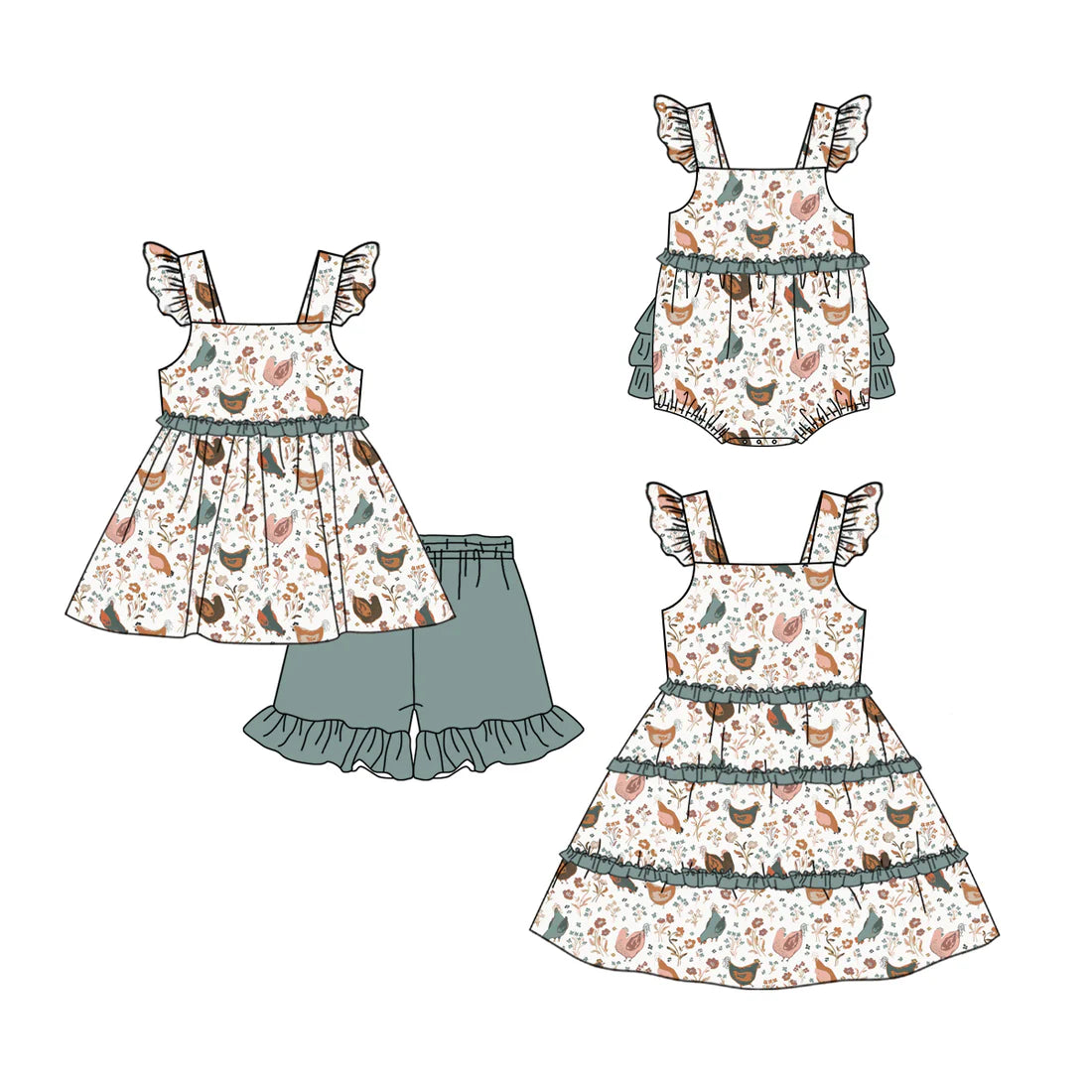 ( Moq 5 Each Style ) Baby Girls Kids Chicken Flower Sibling Romper Dress Set