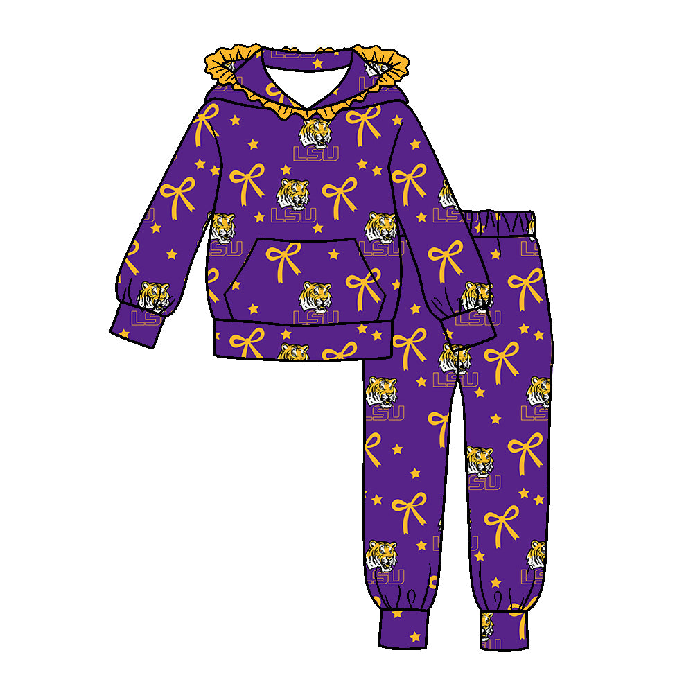 ( Moq 5 ) Baby Girls Toddler Bows Hoodie Pullover Pockets Pants Team Clothes Purple Set