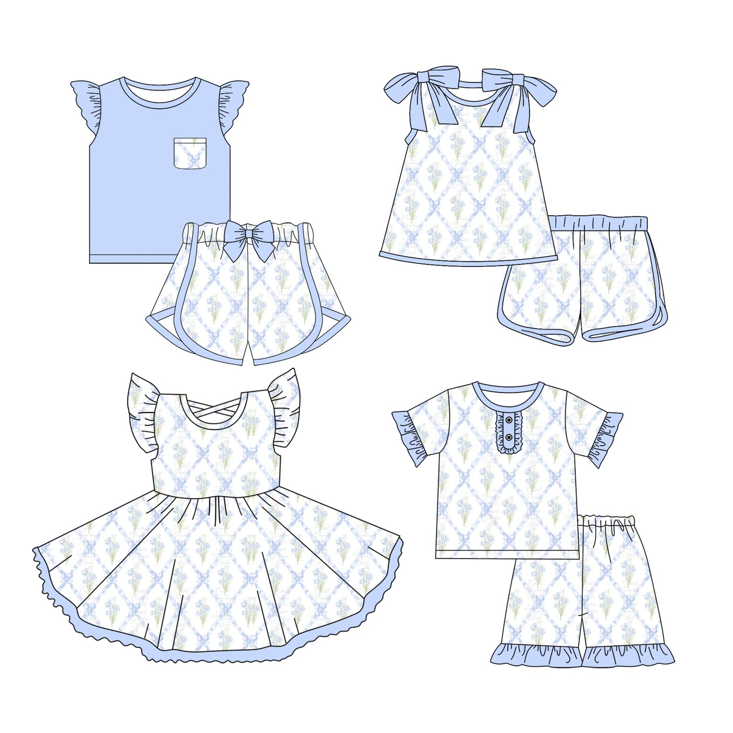 Baby Girl Short Sleeves Flower Bows Sibling Dress Set ( Moq 5 Each Style ) 3.12
