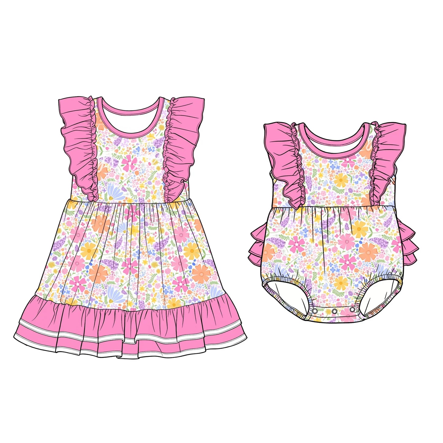 ( Moq 5 Each Style ) Sibling Baby Girls Kids Short Sleeves Flower Pink Ruffle Romper Dress
