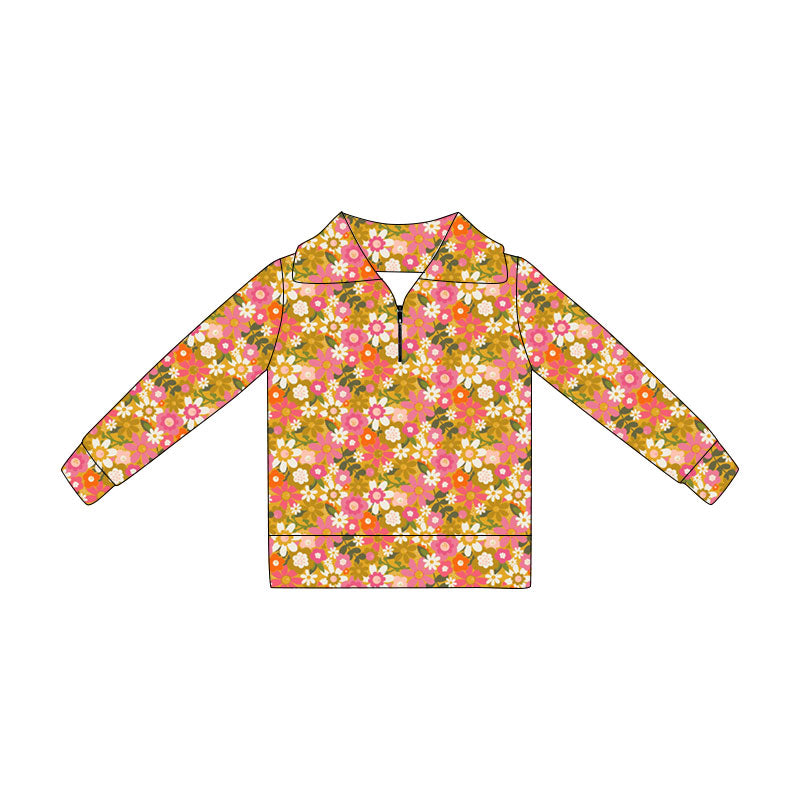 ( Moq 5 ) Preorder Baby Girls Kids Long Sleeves Zipper Pullover Flower Shirt