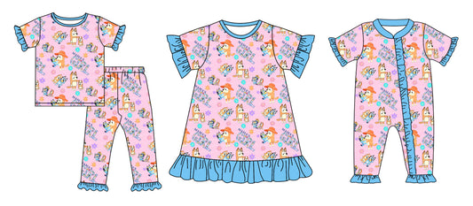 Mama's Girl Short Sleeves Dogs Flower Sibling Romper Dress Clothes Set ( Moq 5 Each Design )12.3