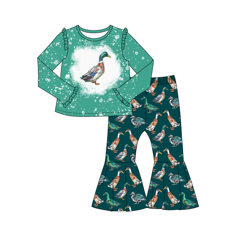 Baby Girl Toddler Long Sleeves Green Shirt Ducks Bell Pants Hunting Set