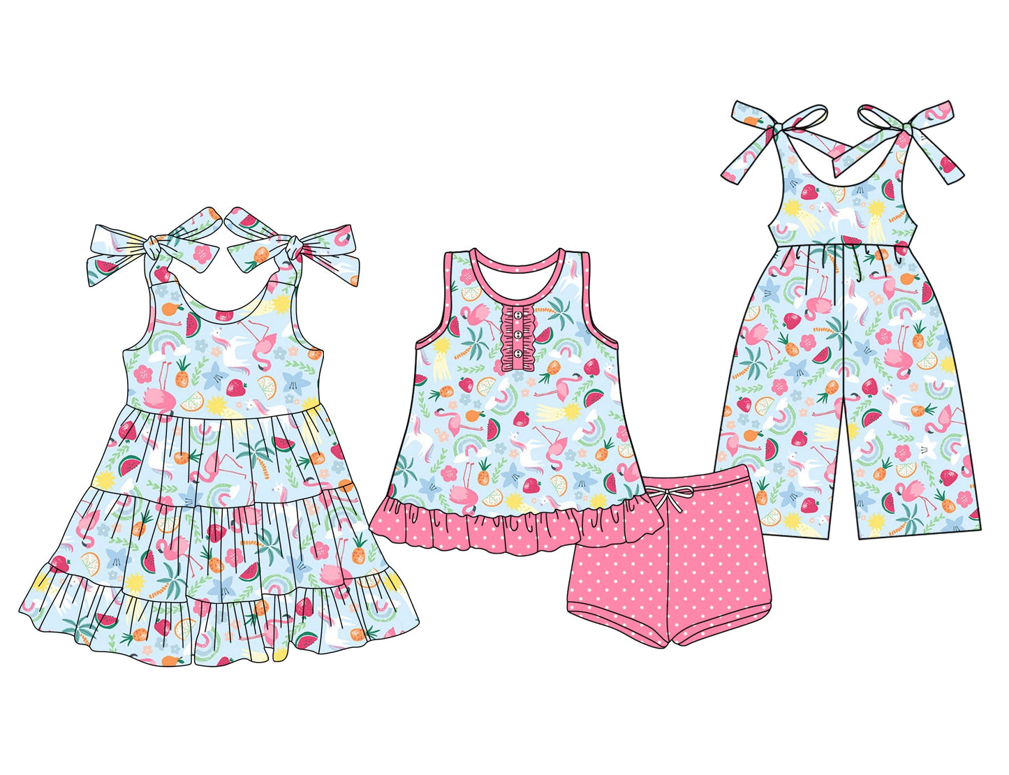 Baby Girl Bows Straps Fruits Sibling Jumpsuit Dress Set ( Moq 5 Each Style ) 3.14
