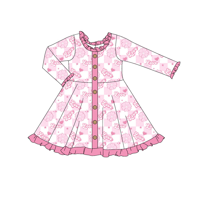 Baby Girl Long Sleeves Valentine Love Flower Pink Checkered Dress