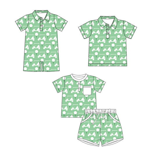 ( Moq 5 Each Style ) Sibling Baby Boys Kids Short Sleeves Golf Green Shirt Set Romper Clothes