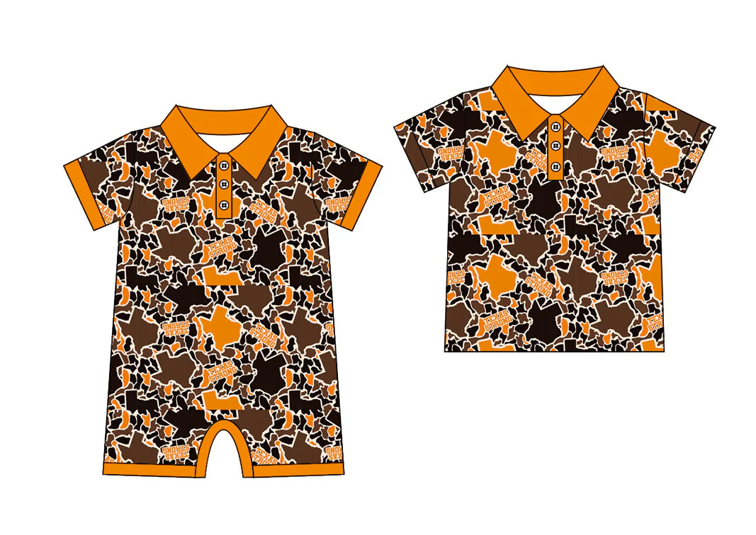 ( Moq 5 Each Style ) Baby Boys Short Sleeves Camo Sibling Hunting Buttons Romper Set