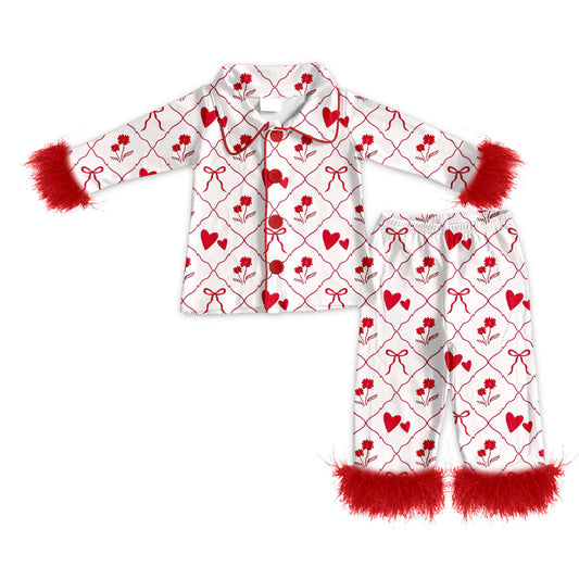 ( Moq 5 ) Baby Girls Fur Long Sleeves Buttons Shirt Hearts Flower Pants Valentines Pajamas Set