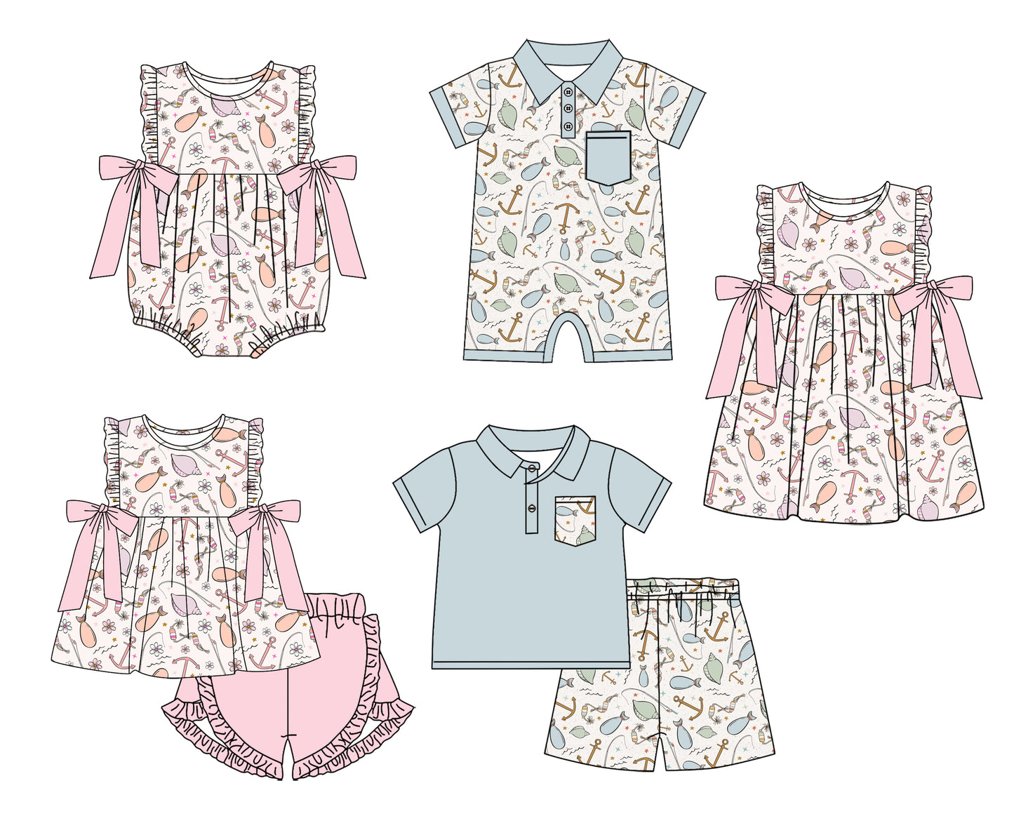 Baby Boy Girl Fishing Sibling Dress Romper Clothes Set ( Moq 5 Each style )11.28