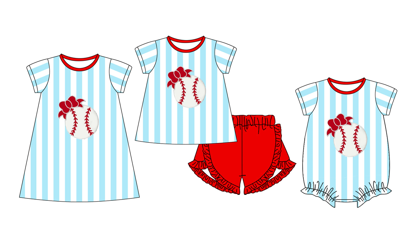Baby Girl Short Sleeves Baseball Bows Stripes Sibling Romper Dress Clothes Set ( Moq 5 Each Design )11.25