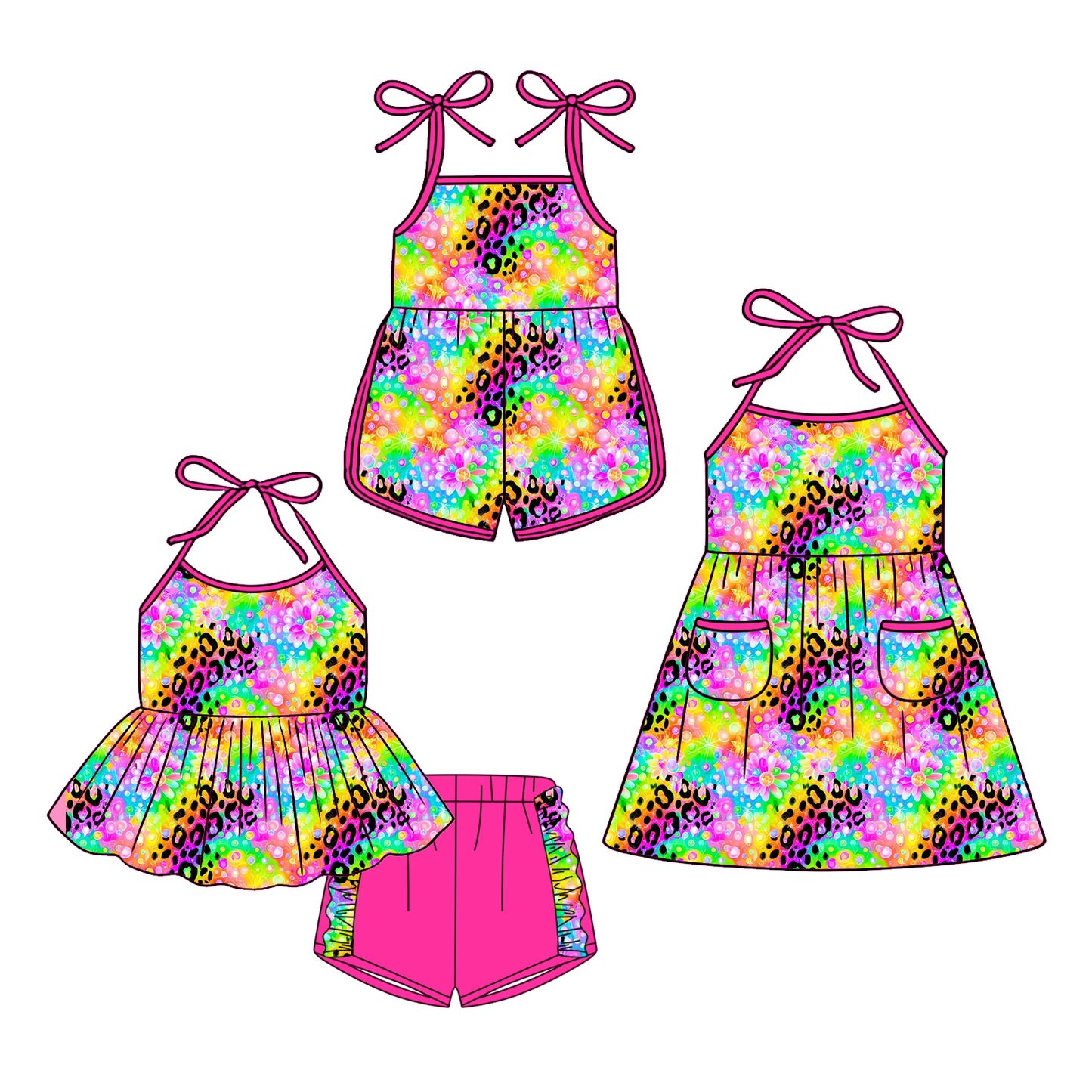 ( Moq 5 Each Style ) Baby Girls Kids Sleeveless Colorful Leopard Sibling Jumpsuit Dress Set