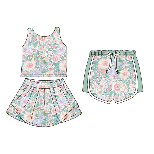 ( Moq 5 Each Style ) Sibling Baby Girls Sleeveless Flower Tops Green Shorts Skirt Set