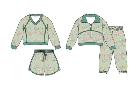 ( Moq 5 Each Style ) Sibling Baby Girls Floral Green Long Sleeves Zipper Shirt Shorts Pants Sets