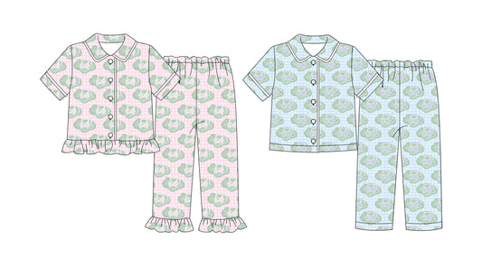 ( Moq 5 Each Style ) Boys Girls Toddler Short Sleeves Golf Plaid Sibling Buttons Pajamas Set