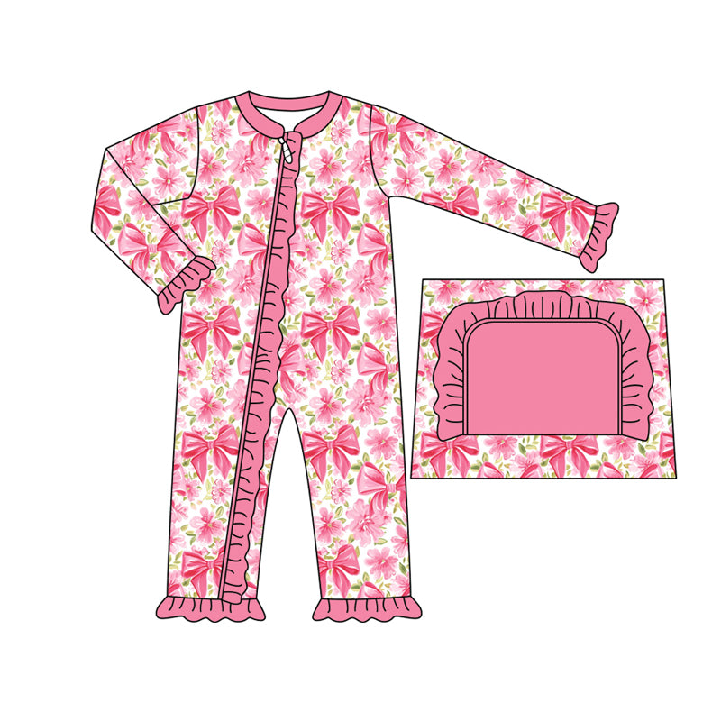 Baby Girl Bows Flower Zipper Pink Romper