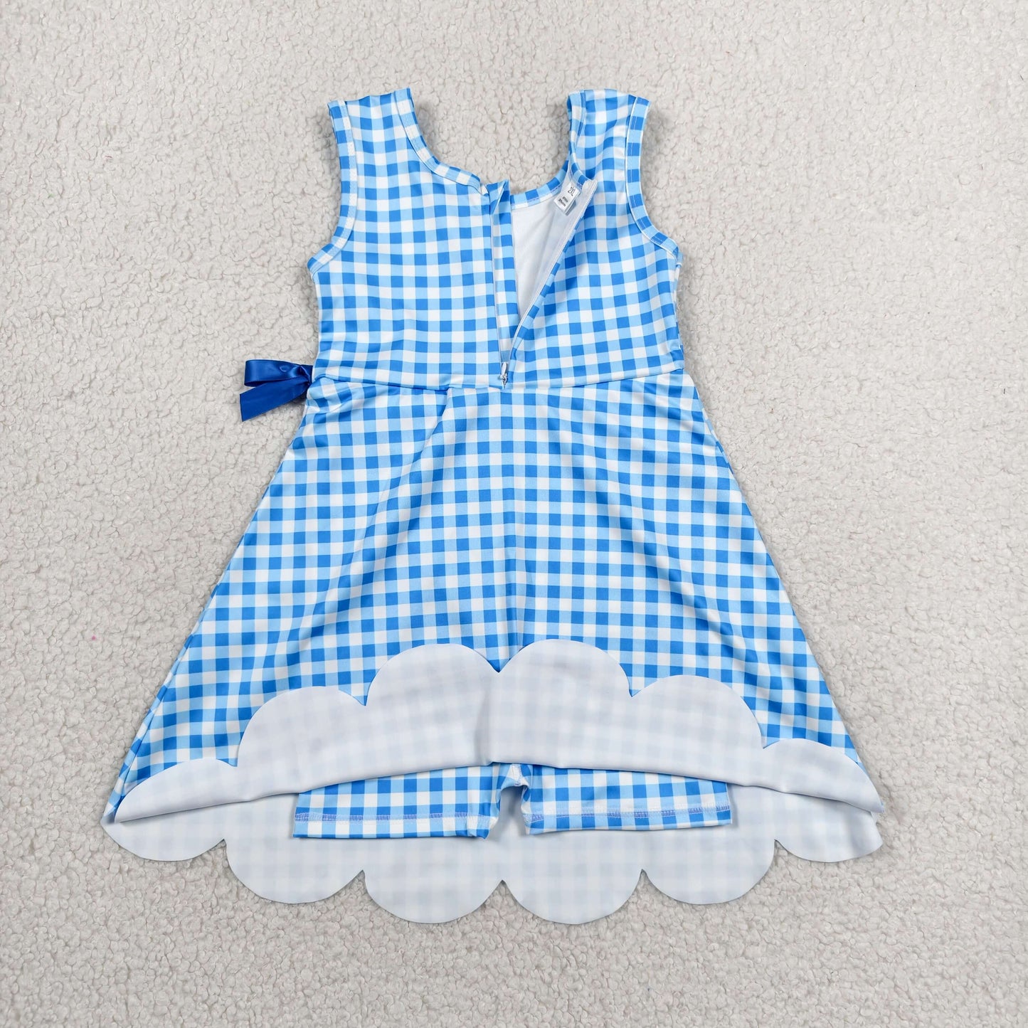 Baby Girls Kids Sleeveless Blue Plaid Scallop Yoga Knee Length Dress RTS