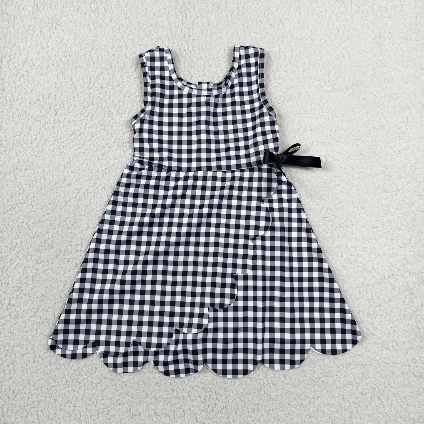 Baby Girls Kids Sleeveless Black Plaid Scallop Yoga Knee Length Dress RTS