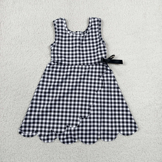 Baby Girls Kids Sleeveless Black Plaid Scallop Yoga Knee Length Dress RTS