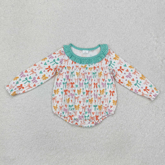 Baby Girl Infant Long Sleeves Bows Hearts Valentines Bubble Romper