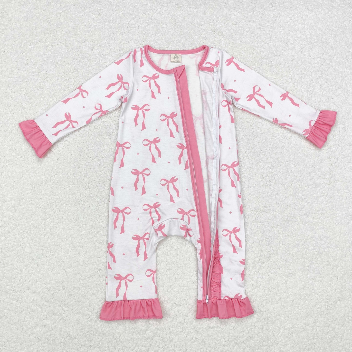 Baby Girl Long Sleeves Bows Ruffle Zipper Bamboo Pink Romper