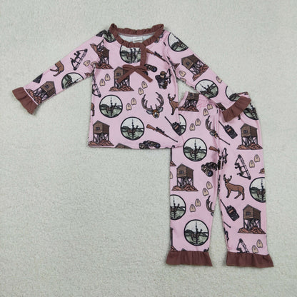 Baby Kids Girl Long Sleeves Deer Dogs Hunting Shirt Pants Pink Pajamas Set RTS