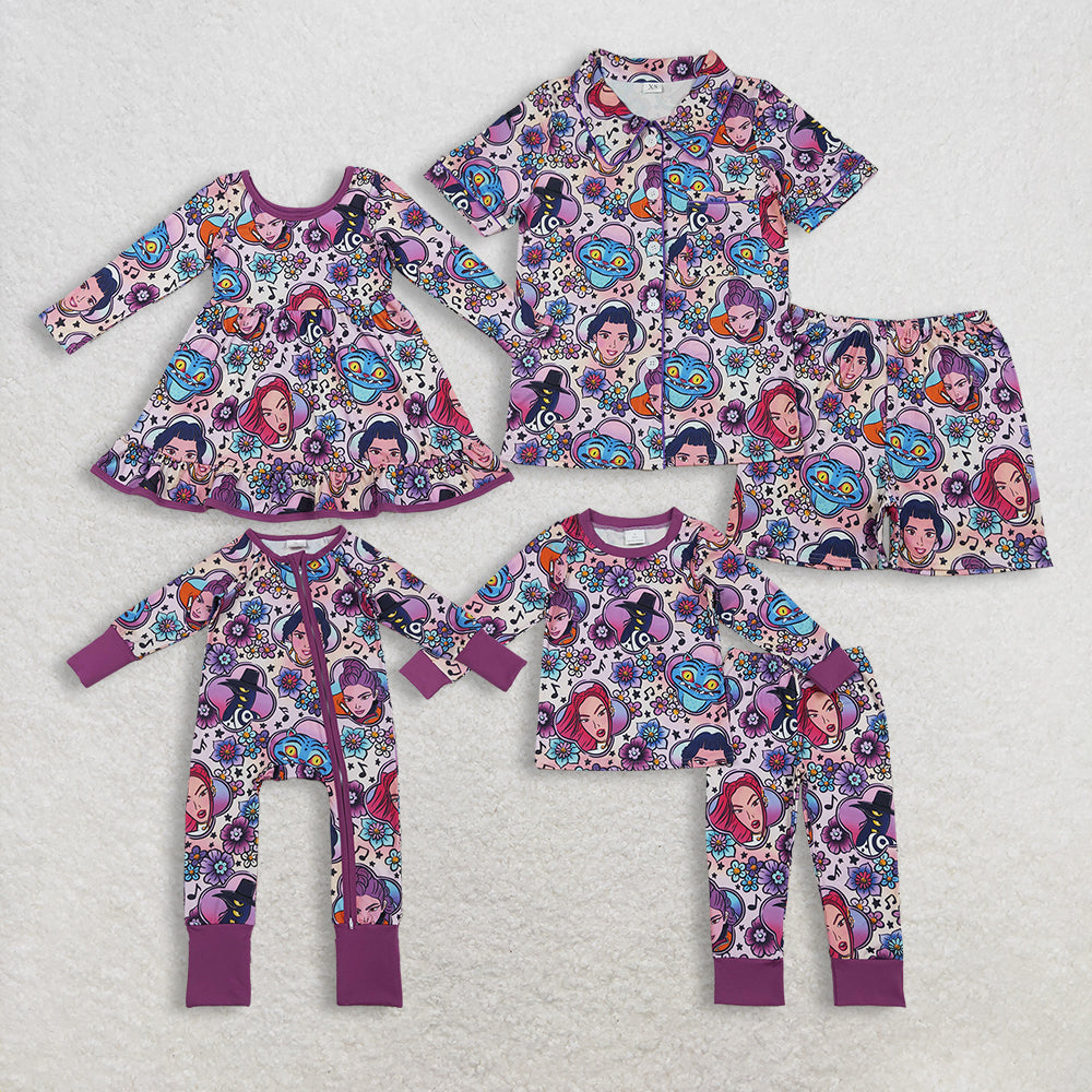 Sibling Kids Girls Adult Women Long Sleeves Singer Characters Flower Mommy and Me Family Dress Romper Pajamas Sets RTS