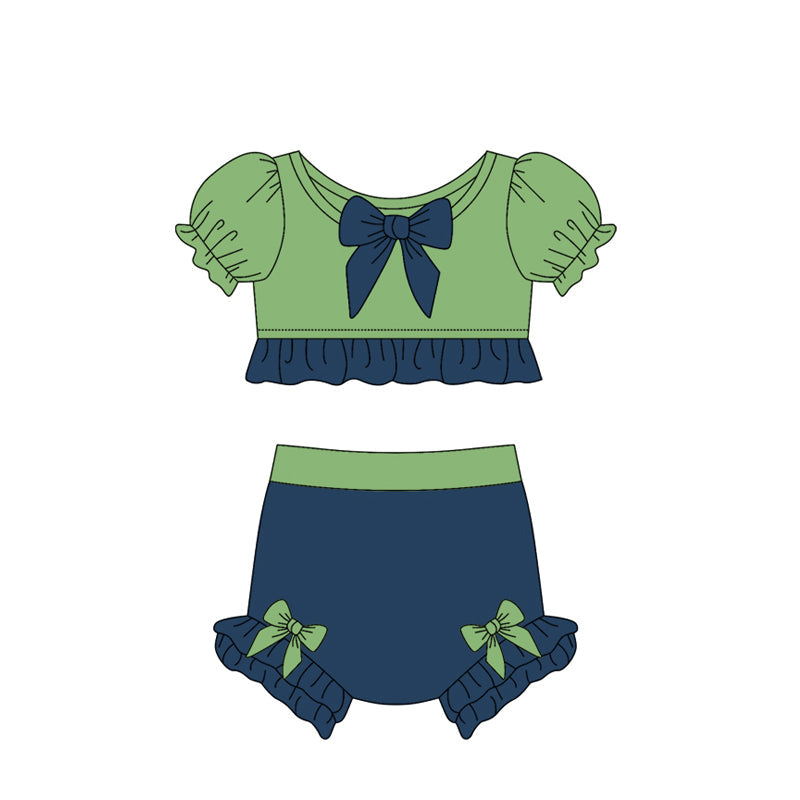 Baby Girl Short Sleeves Princess Bows Green Blue Tops Shorts Swimsuit Bathing Suit ( Moq 5 )