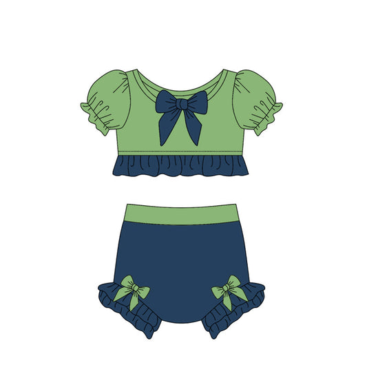 Baby Girl Short Sleeves Princess Bows Green Blue Tops Shorts Swimsuit Bathing Suit ( Moq 5 )