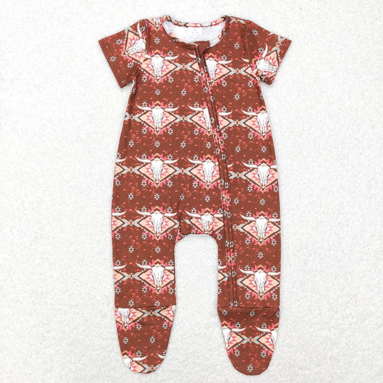 SR0199 Baby Boy Short Sleeves Cow Print Western Footie Zipper One Piece Romper